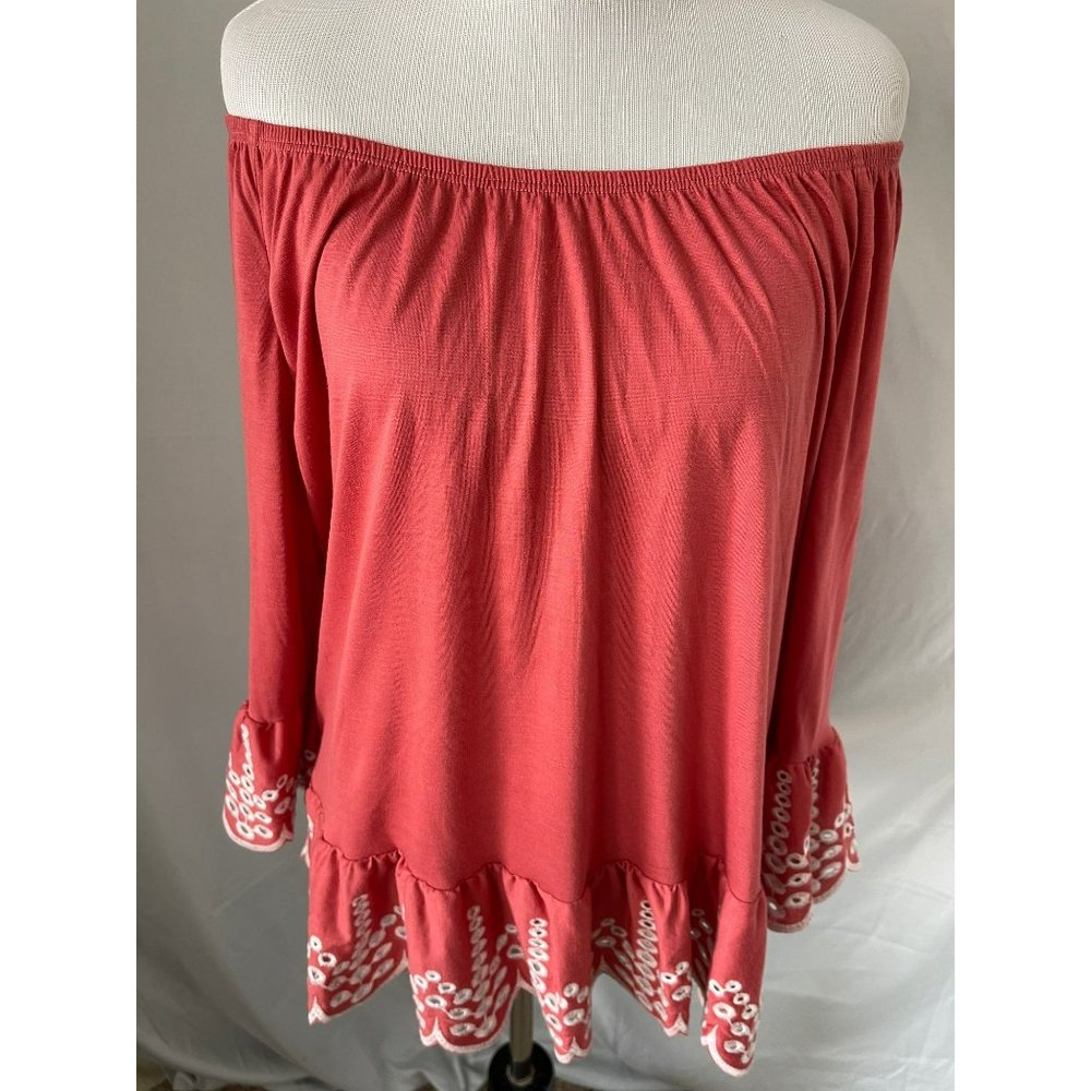 Fever Salmon Flare 3/4 Sleeve Eyelet Embroidered Wide neck Ruffle Bottom Blouse - Picture 2 of 10